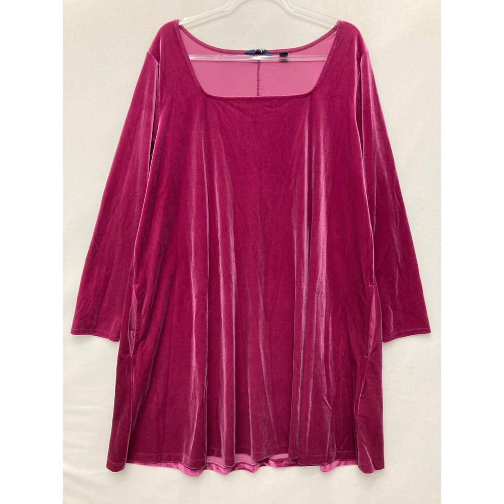 Lands End Velvet Dress 2X Magenta‎ Square Neck Pockets Stretch Comfy